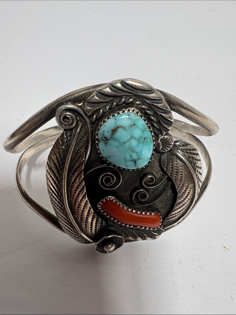 Vintage Navajo Sterling Silver Turquoise Coral Leaf Cuff Bracelet Artist EH Erne